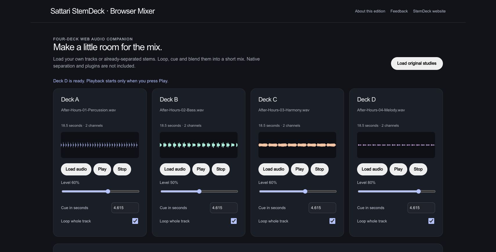 StemDeck: Balance the arrangement. Deck levels are 60%, 50%, 60% and 80%. All four cues start at 4.615 seconds, about two bars into the source, with whole-track looping enabled.