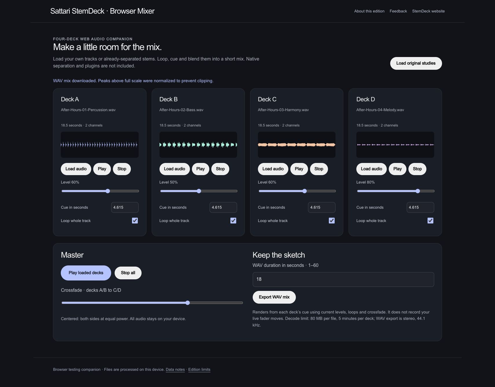 StemDeck: Keep the sketch. The browser renders an 18-second WAV from those cue, level, loop and crossfade settings. Playback was stopped after the listening check.
