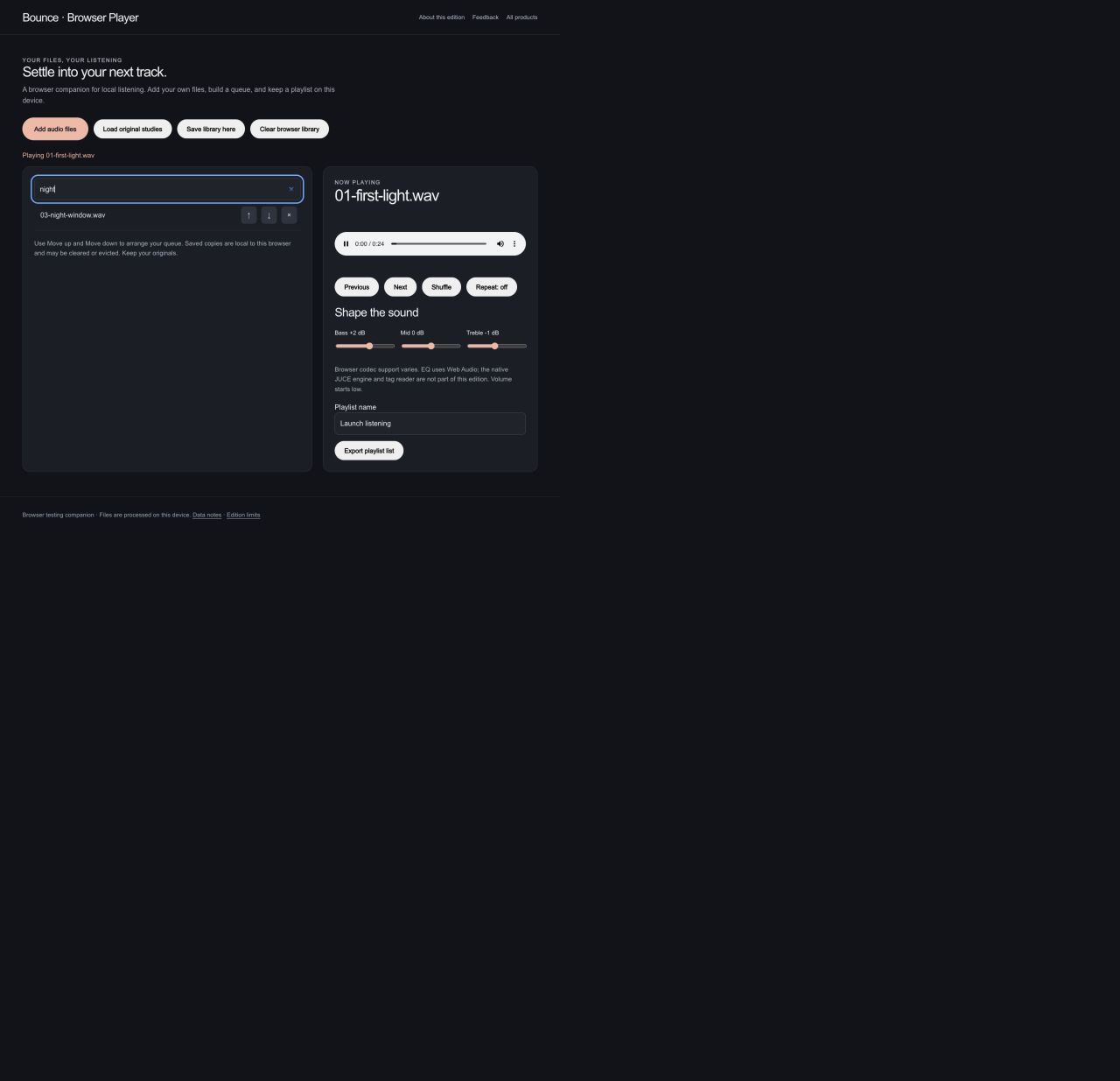 Bounce: Find the next track. Search a queue of your own audio files.