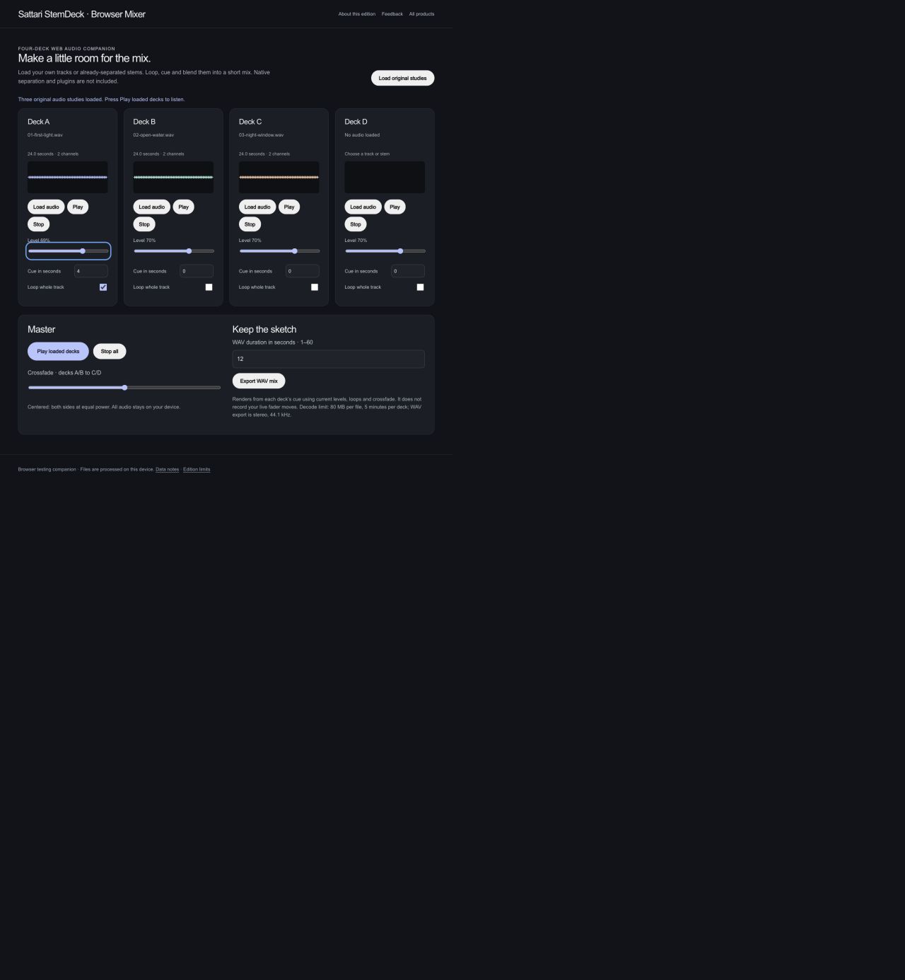 StemDeck: Set the starting point. Choose a cue, set a deck level and enable looping.