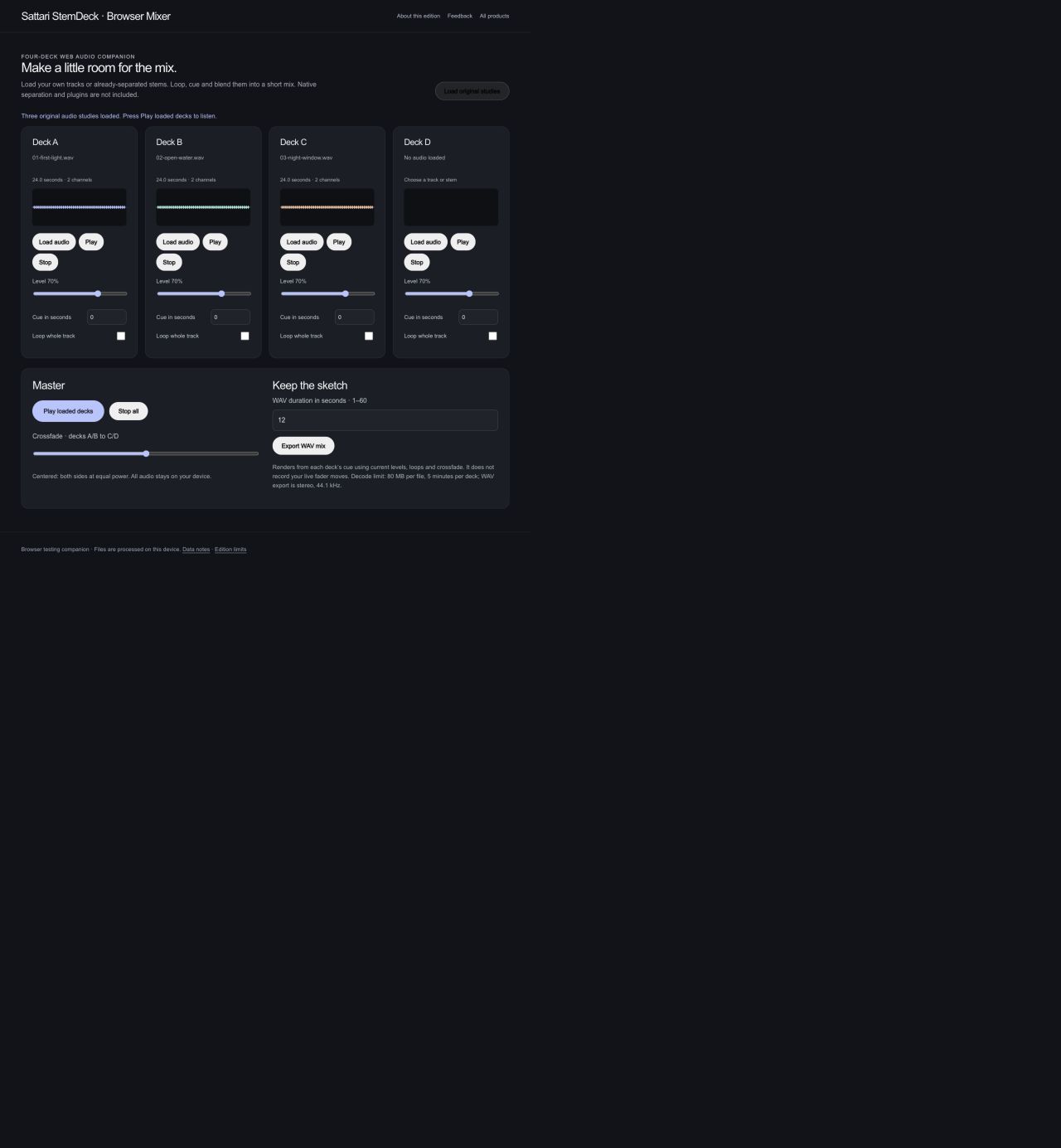 StemDeck: Load the decks. Bring original audio studies into the four-deck browser mixer.